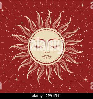 Sole mistico con viso donna e occhi chiusi, astrologia, divinazione e magia, sole esoterico sognante, vettore Illustrazione Vettoriale