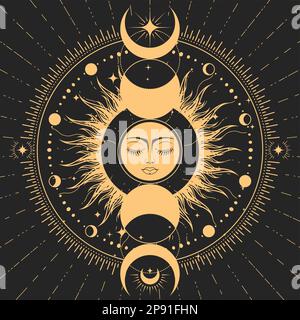 Fase lunare e mistico sognare il sole a occhi chiusi, simbolo astrologico, sole con volto e luna, magia e mistero tarocchi, vettore Illustrazione Vettoriale