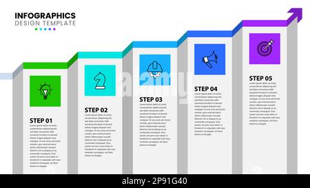 Modello infografico con icone e 5 opzioni o passaggi. Freccia crescente. Può essere utilizzato per il layout del flusso di lavoro, il diagramma, il banner, il webdesign. Rapporto di illustrazione del vettore Illustrazione Vettoriale