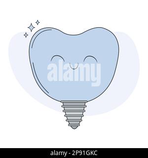 Felice impianto dente sano. Vite dell'impianto dentato nella gengiva. Concetto di odontoiatria. Illustrazione vettoriale del cartone animato piatto Illustrazione Vettoriale