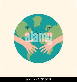 Illustrazione vettoriale delle mani abbracciano la terra del pianeta. Concetto della Giornata Mondiale dell'ambiente. Save the Earth, 22 aprile. Segnale, icona e simbolo Illustrazione Vettoriale
