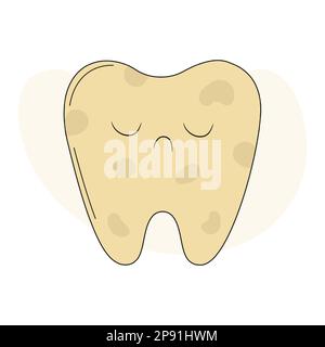 Denti sporchi e tristi infelici. Placca, macchie o buco carie. Concetto di cura dentale. Illustrazione del cartoon piano vettoriale Illustrazione Vettoriale