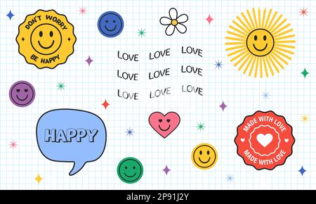 Non preoccuparti di essere felice raccolta di patch astratte. Realizzato con adesivo Love. Fresco sorriso alla moda felice adesivi. Design retrò vettoriale Illustrazione Vettoriale