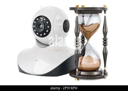 Videocamera Internet Protocol con clessidra di sabbia, rendering 3D isolato su sfondo bianco Foto Stock
