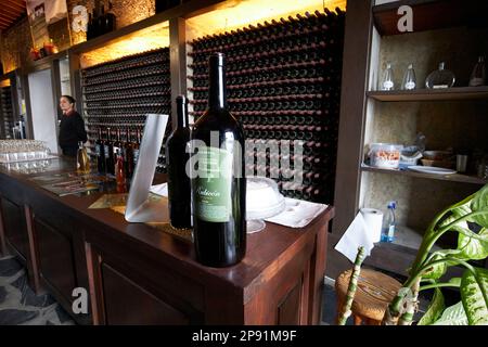 Vini e bicchieri come parte di una degustazione in un negozio di vini tour a bodegas rubicon nella regione vinicola di la geria Lanzarote, Isole Canarie, S Foto Stock