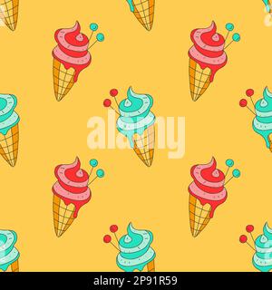 Divertente e brillante icecream motivo senza cuciture. Gelato colorato in cialda con guarnizione di ciliegia. Freddo estate dolci sfondo per la stampa compleanno decorazione tessile partito illustrazione vettore Illustrazione Vettoriale