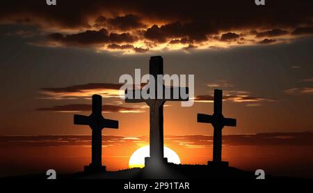 Tre croci su una collina con nuvole con sfondo di sunburst. Illustrazione vettoriale Illustrazione Vettoriale