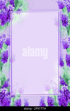 Sfondo viola e lilla per biglietti d'auguri con fiori di primavera acquerelli, disegno disegnato a mano, illustrazione romantica Foto Stock