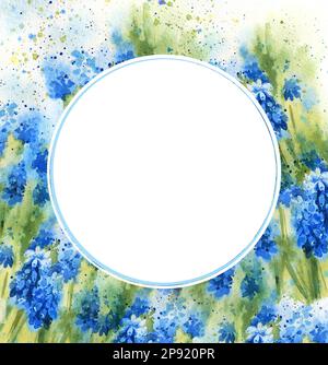 Cornice rotonda bianca su sfondo acquerello con fiori blu primavera, illustrazione disegnata a mano con giacinti Foto Stock