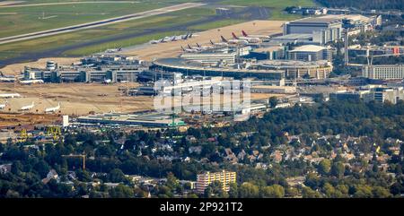 Veduta aerea, Aeroporto di Düsseldorf nel distretto di Lohausen a Düsseldorf, Renania Settentrionale-Vestfalia, Germania Foto Stock