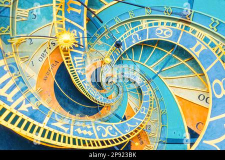 Sfondo effetto Droste basato sull'orologio astronimico di Praga. Design astratto per concetti legati all'astrologia, alla fantasia, al tempo e alla magia Foto Stock