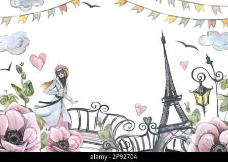 Torre Eiffel con bambina, lanterna, ponte e fiori. Illustrazione di acquerello nello stile di schizzo con elementi grafici. Modello della COLLEZIONE PARIS Foto Stock