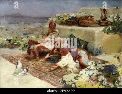 Friedrich otto - Teraszon fekvő alakok Tunisz - Magyar Iskola - XIX Friedrich otto - cifre Reclining su una terrazza Tunisi - Scuola Ungherese - 19th ° secolo Foto Stock