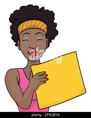 Fit dark-skinned ragazza con acconciatura afro e bandana, tenendo un segno giallo. Modello in stile cartone animato. Illustrazione Vettoriale