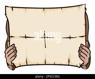 Mani che tengono un antico e dispiegato rotolo. Modello isolato design in stile cartone animato. Illustrazione Vettoriale