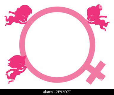 Simbolo femminile rosa tenuto da tre silhouette di donne felici e galleggianti. Illustrazione Vettoriale