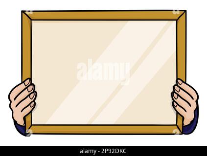 Modello in stile cartoon di un diploma o di un'immagine vuota con cornice dorata e mani che lo tengono. Illustrazione Vettoriale