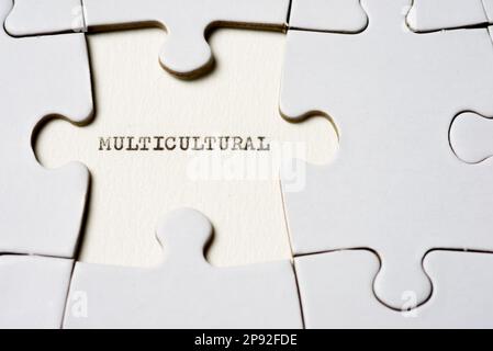 Testo multiculturale scritto con una macchina da scrivere in un puzzle bianco Foto Stock