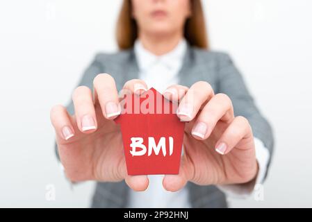 Scrittura testo BMI. Parola per metodo di stima dei livelli di grasso corporeo in base al peso e all'altezza Foto Stock