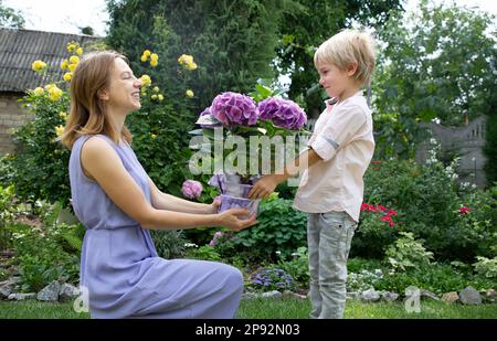 Congratulazioni all'amata madre per la giornata della madre. il figlio di 6 anni dà ad una madre felice un fiore di hydrangea in una pentola. Ragazzo e donna in giardino Foto Stock