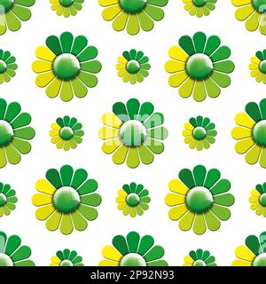 Motivo senza cuciture con fiori verdi e gialli isolati su sfondo bianco. Illustrazione 3D. Foto Stock