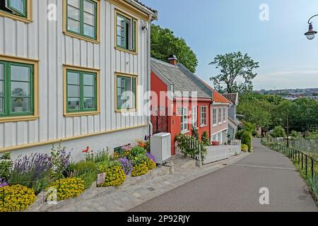 Norvegia, Oslo, le bizzarre case in legno del 18th° secolo del quartiere di Damstredet e la vicina Telthusbakken sono un bel cambiamento di ritmo rispetto alla moderna A. Foto Stock