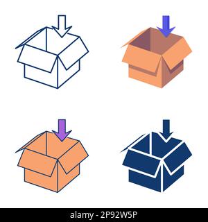 Icona Apri scatola di cartone impostata in stile piatto e lineare. Imballaggio, messa all'interno, simbolo del pacco postale. Illustrazione vettoriale. Illustrazione Vettoriale