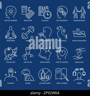 Icona benessere e cura di sé impostata in stile linea. Mantenere una buona salute mentale e fisica. Illustrazione vettoriale. Illustrazione Vettoriale