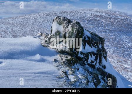 Roccia in crosta di ghiaccio su Ragleth Hill, Church Stretton, Shropshire Foto Stock