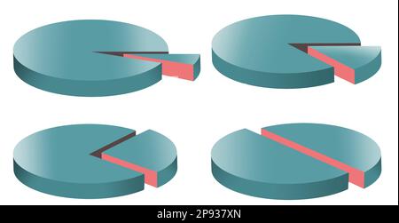 Ecco una selezione di grafici a torta che mostrano sezioni di torta che sono un sedicesimo, un ottavo, un quarto e una metà della torta. Questo è numerico Foto Stock
