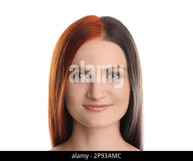 Bella giovane donna prima e dopo la tintura dei capelli su sfondo bianco Foto Stock