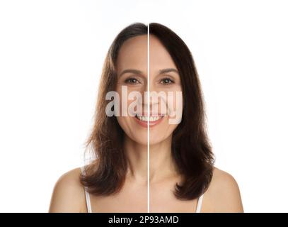 Bella donna matura prima e dopo tintura capelli su sfondo bianco, collage Foto Stock