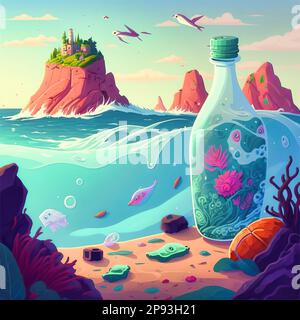 Immagine in stile cartoon, inquinamento plastico del mare, distruzione della vita subacquea [M] Foto Stock