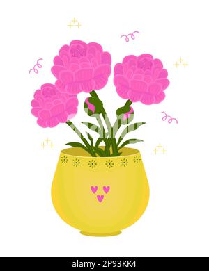 Bouquet di peonie rosa in vaso giallo, illustrazione colorata Illustrazione Vettoriale