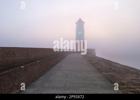Inghilterra, Northumberland, Berwick upon Tweed. Una mattina misteriosa a Berwick upon Tweed, con il faro e il molo circondati dalla nebbia. Foto Stock