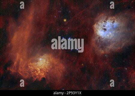 Flaming STAR IC405 e Tadpole nebulosa IC410 come schema a colori di IMMAGINE A banda stretta HOO 2, astrofotografia Foto Stock