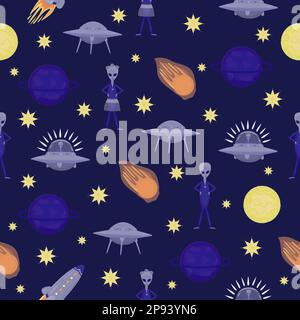 Motivo senza cuciture luminoso e spaziale su sfondo blu scuro Illustrazione Vettoriale