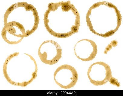 Macchie circolari sulla tazza di caffè e goccioline isolate su sfondo bianco. Pixel precise creazione manuale di tracciati di lavoro di ritaglio separati Foto Stock