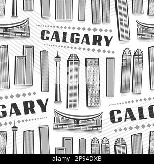 Vector Calgary Seamless Pattern, sfondo ripetuto con illustrazione del famoso paesaggio cittadino di calgary su sfondo bianco per carta da imballaggio, monocromia Illustrazione Vettoriale