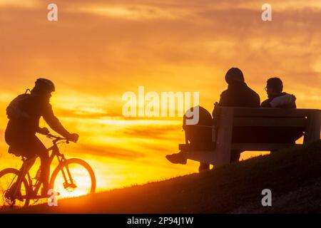 Vienna, tramonto ardente, 2 uomini seduti su panchina, ciclista, mountain bike, persone come silhouette nel 19. Döbling, Vienna, Austria Foto Stock