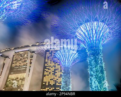 SINGAPORE - 14 LUGLIO 2022: Luce blu elettrica emessa dai superalberi nei giardini dal parco Bay a Singapore illuminano il cielo notturno con la M. Foto Stock