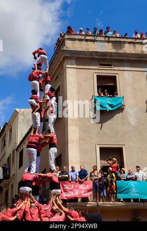 Colle Vella dels Xiquets de Valls.' Castellers' costruzione torre umana, una tradizione catalana. Vilafranca del Penedès. Provincia di Barcellona, Spagna Foto Stock