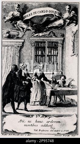 1761 , ITALIA : frontespizio di un'edizione veneziana di COMMEDIE del drammaturgo veneziano CARLO GOLDONI ( 1707 - 1793 ), Giambattista Pasquali pubblisher . Ritratto di Goldoni di 9 anni quando scrisse la sua prima opera .- LETTERATO - SCRITTORE - DRAMMATURGO - COMMEDIOGRAFO - LETTERATURA - LETTERATURA - drammaturgo - TEATRO - TEATRO - TEATRO - COMMEDIOGRAFO - incisione - frontespizio - libro - libro - libro - Venezia - VENEZIA --- Archivio GBB Foto Stock