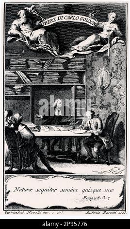 1761 , ITALIA : frontespizio di un'edizione veneziana di COMMEDIE del drammaturgo veneziano CARLO GOLDONI ( 1707 - 1793 ), Giambattista Pasquali pubblisher , Venezia . . Ritratto di un giovane avvocato del Golfo a Venezia .- LETTERATO - SCRITTORE - DRAMMATURGO - COMMEDIOGRAFO - LETTERATURA - LETTERATURA - drammaturgo - TEATRO - TEATRO - TEATRO - TEATRO - commediografo - incisione - frontespizio - libro - libro - libro - VENEZIA - VENEZIA ---- Archivio GBB Foto Stock