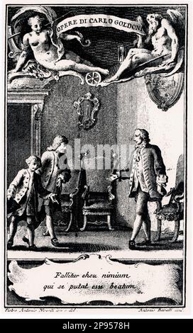 1761 , ITALIA : frontespizio di un'edizione veneziana di COMMEDIE del drammaturgo veneziano CARLO GOLDONI ( 1707 - 1793 ), Giambattista Pasquali pubblisher , Venezia . Il libro con autobiografia racconta la vita di Goldoni. Ritratto di un giovane avvocato studioso Goldoni a Venezia . - LETTERATO - SCRITTORE - DRAMMATURGO - COMMEDIOGRAFO - LETTERATURA - LETTERATURA - drammaturgo - TEATRO - TEATRO - TEATRO - commediografo - incisione - frontespizio - libro - libro - libro - Venezia - VENEZIA - autobiografia --- Archivio GBB Foto Stock