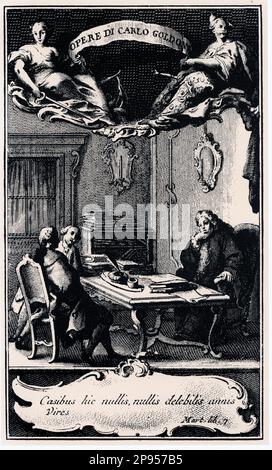 1761 , ITALIA : frontespizio di un'edizione veneziana di COMMEDIE del drammaturgo veneziano CARLO GOLDONI ( 1707 - 1793 ), Giambattista Pasquali publisher, Venezia . Il libro con autobiografia racconta la vita di Goldoni. Ritratto di un giovane avvocato Goldoni a Venezia . - LETTERATO - SCRITTORE - DRAMMATURGO - COMMEDIOGRAFO - LETTERATURA - LETTERATURA - drammaturgo - TEATRO - TEATRO - TEATRO - commediografo - incisione - frontespizio - libro - libro - libro - Venezia - VENEZIA - autobiografia --- Archivio GBB Foto Stock