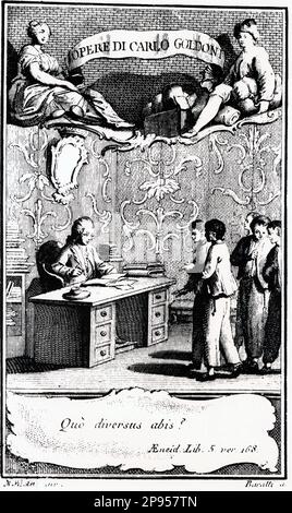 1761 , ITALIA : frontespizio di un'edizione veneziana di COMMEDIE del drammaturgo veneziano CARLO GOLDONI ( 1707 - 1793 ), Giambattista Pasquali pubblisher , Venezia . Ritratto di Goldoni , 1740 ca, Console della Serenissima a Genova . - LETTERATO - SCRITTORE - DRAMMATURGO - COMMEDIOGRAFO - LETTERATURA - LETTERATURA - drammaturgo - TEATRO - TEATRO - TEATRO - commediografo - incisione - frontespizio - libro - libro - libro - Venezia - VENEZIA - ARLECCHINO - PANTALONE - BRIGHELLA - COMMEDIA DELL'ARVIO Garte -- BB Foto Stock