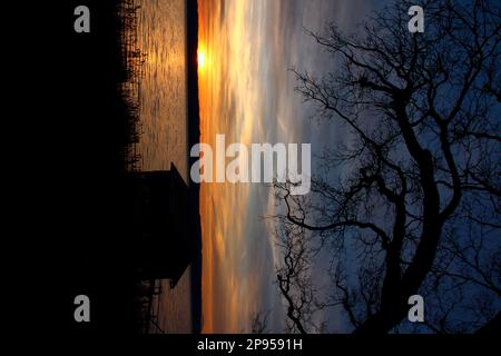 Boathouses all'alba sulla riva del lago, Holzhausen, Ammersee, Voralpensee, Alpenvorland, Alta Baviera, Baviera, Germania Foto Stock