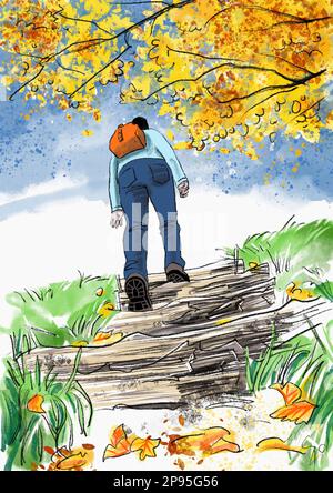 Una persona indossa le scarpe da passeggio. Disegno/illustrazione a colori Foto Stock