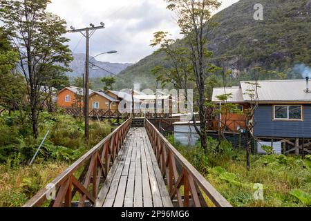 Piccole case colorate e piante nalca lungo i sentieri in legno di Tortel, Patagonia, Cile Foto Stock